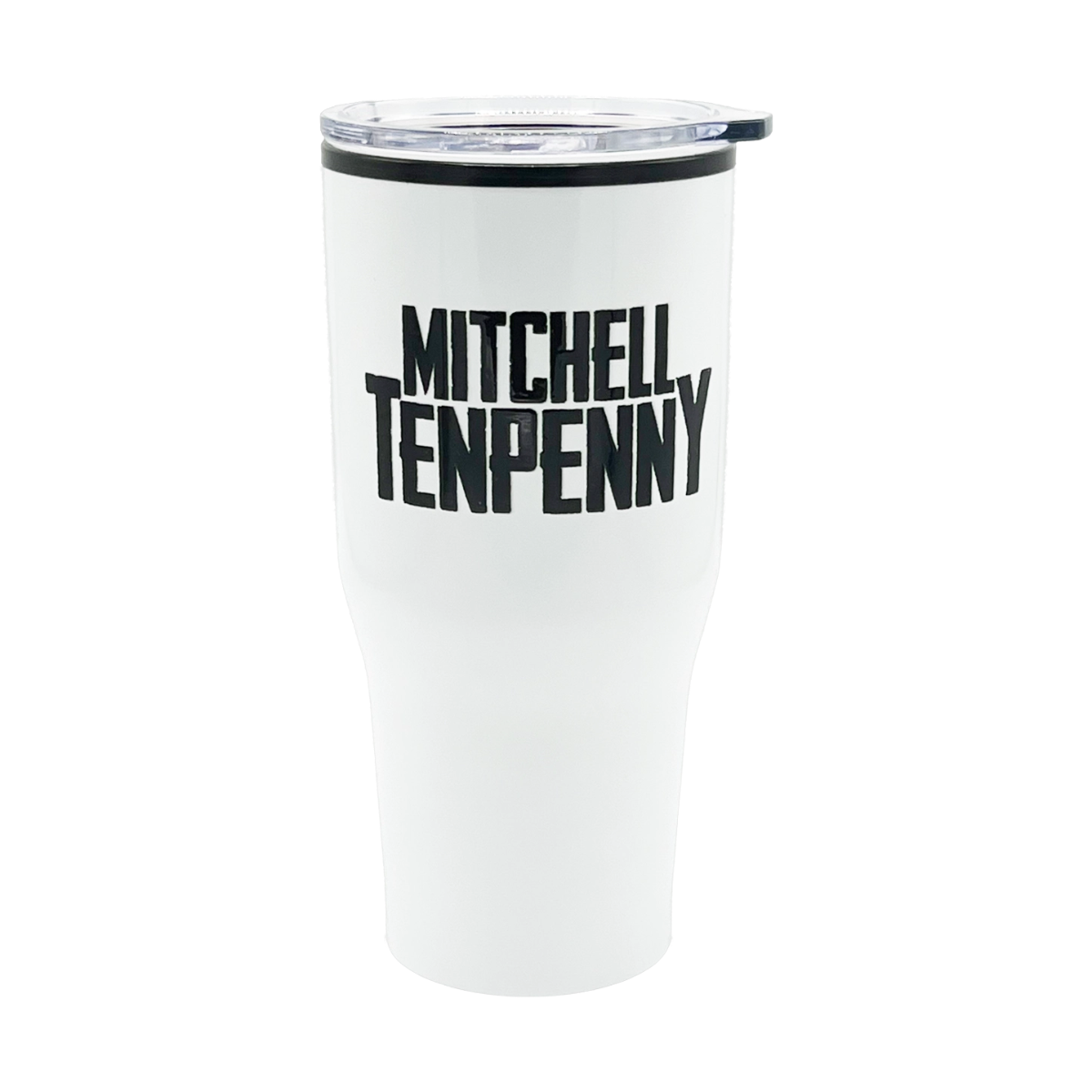 White tumbler with 'Mitchell Tenpenny' text on a white background