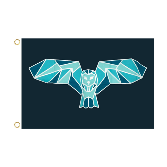 Geometric owl design on a dark blue background