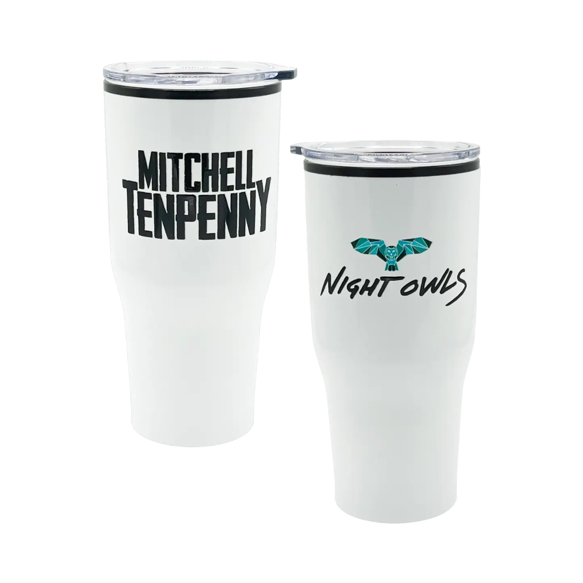 Two white tumblers with 'Mitchell Tenpenny' and 'Night Owls' branding on a white background.