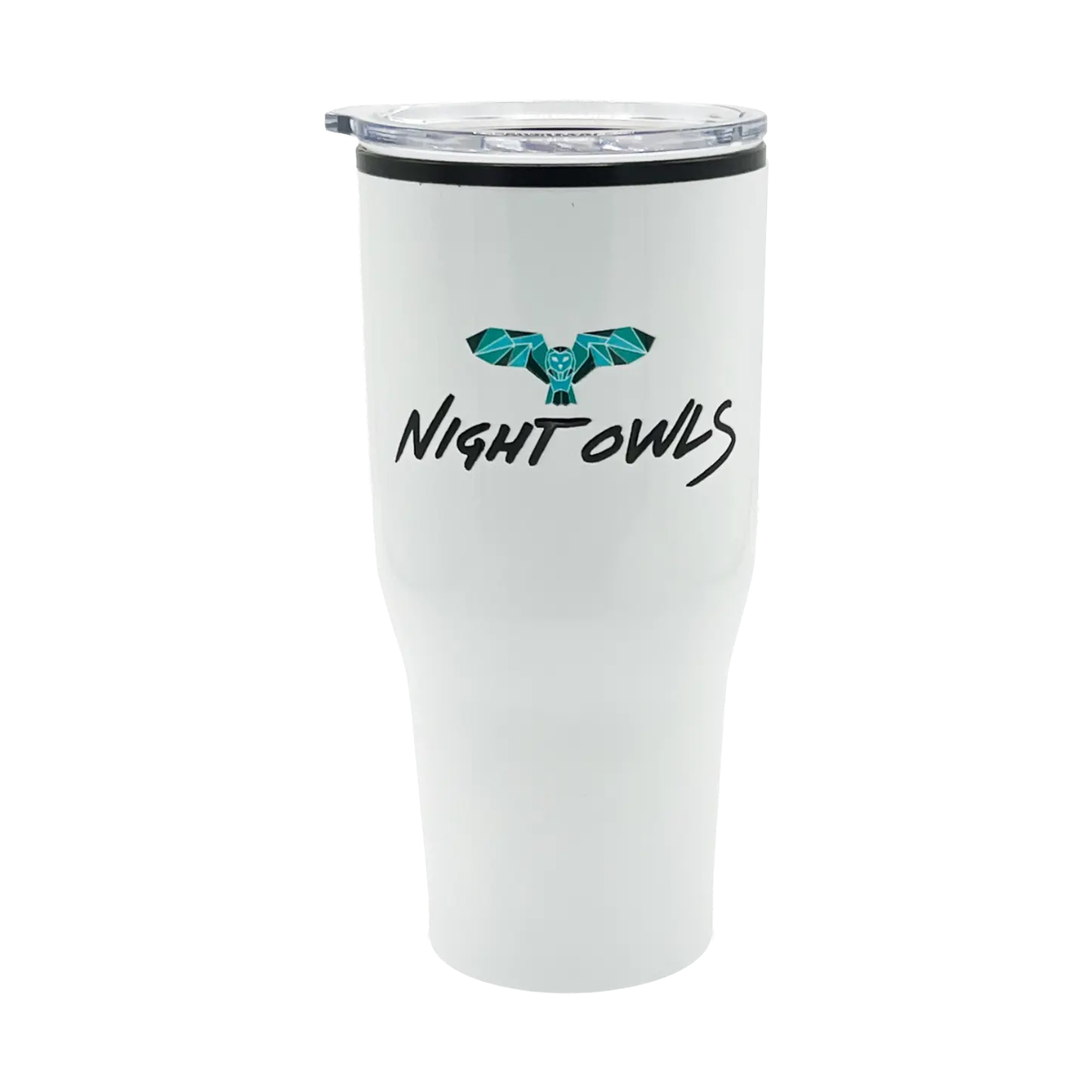 White tumbler with 'Night Owls' text and owl design on a white background